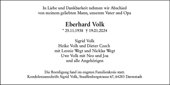Traueranzeige von Eberhard Volk von Darmstädter Echo