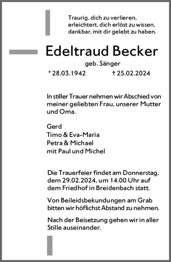 Traueranzeige von Edeltraud Becker von Hinterländer Anzeiger