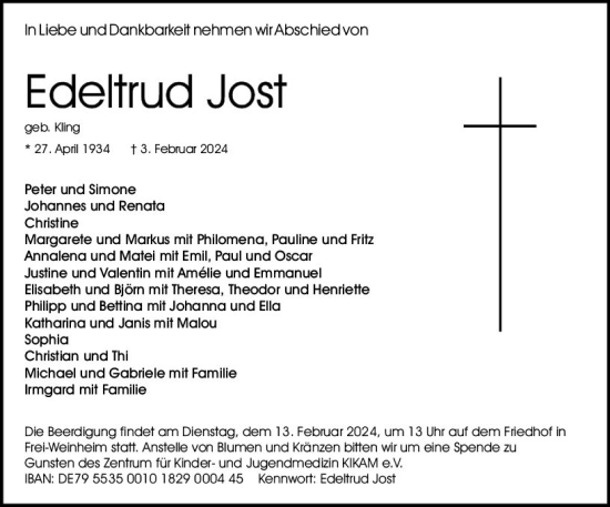 Traueranzeige von Edeltrud Jost von Allgemeine Zeitung Bingen/Ingelheim