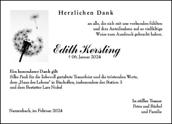 Traueranzeige von Edith Kersting von Dill Block