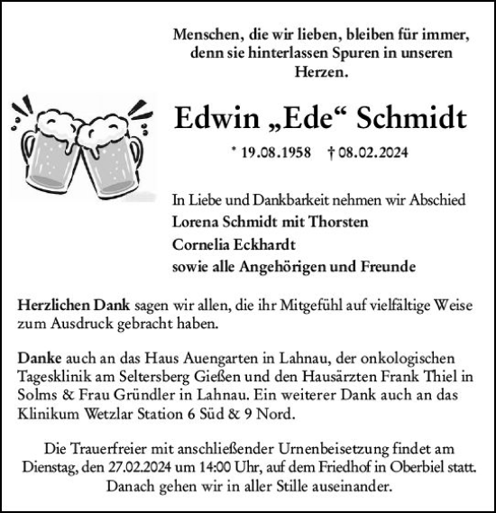 Traueranzeige von Edwin  Schmidt von Wetzlarer Neue Zeitung