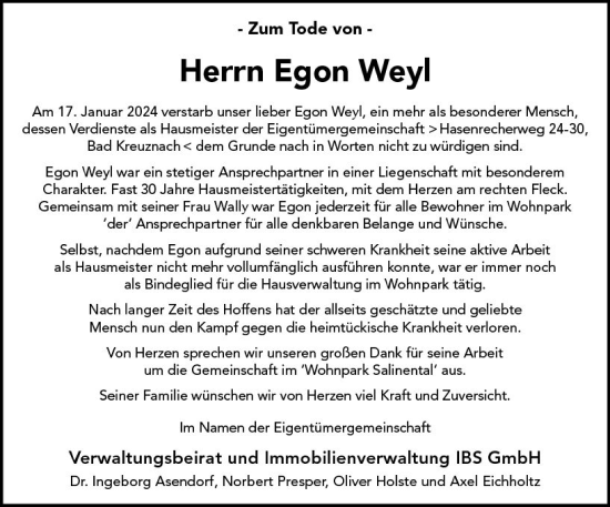 Traueranzeige von Egon Weyl von Allgemeine Zeitung Bad Kreuznach