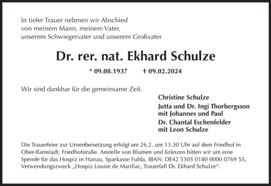 Traueranzeige von Ekhard Schulze von Darmstädter Echo