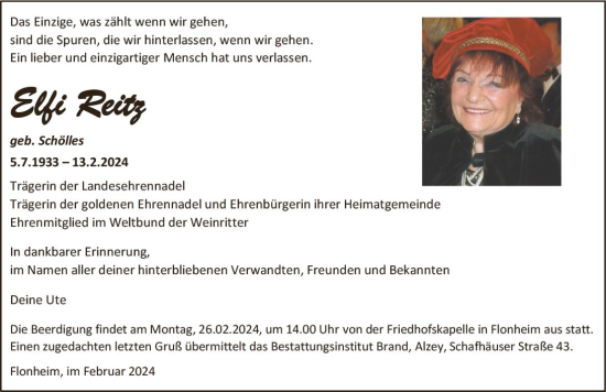 Traueranzeige von Elfi Reitz von Allgemeine Zeitung Alzey