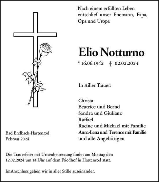 Traueranzeige von Elio Notturno von Hinterländer Anzeiger