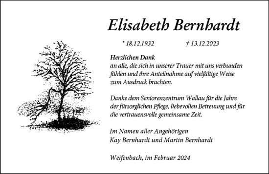 Traueranzeige von Elisabeth Bernhardt von Hinterländer Anzeiger