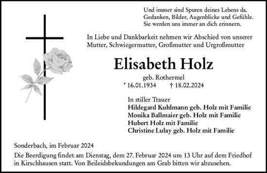 Traueranzeige von Elisabeth Holz von Starkenburger Echo