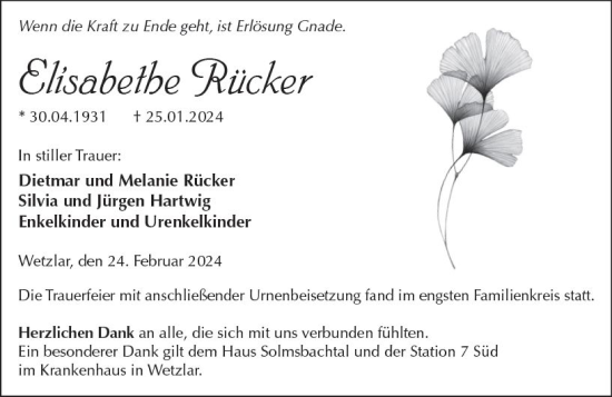 Traueranzeige von Elisabeth Rücker von Wetzlarer Neue Zeitung