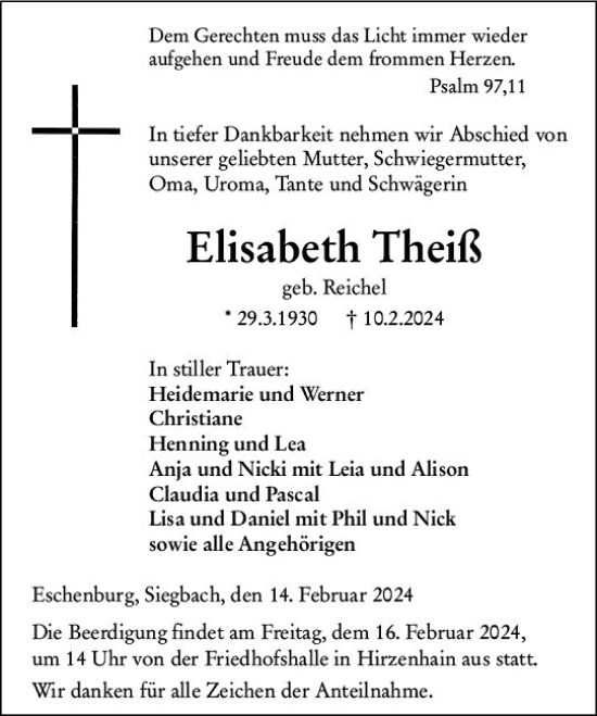 Traueranzeige von Elisabeth Theiß von Dill Block