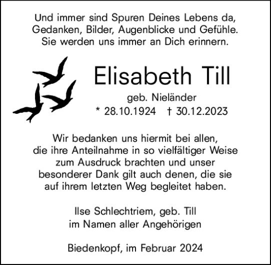 Traueranzeige von Elisabeth Till von Hinterländer Anzeiger