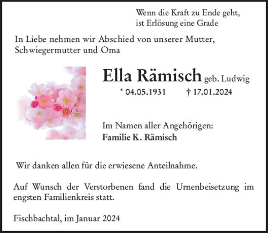 Traueranzeige von Ella Rämisch von Darmstädter Echo