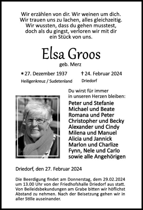 Traueranzeige von Elsa Groos von Dill Block