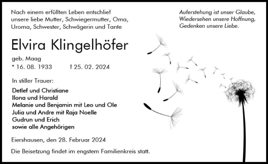 Traueranzeige von Elvira Klingelhöfer von Dill Block