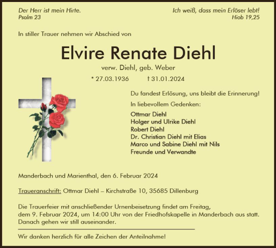 Traueranzeige von Elvire Renate Diehl von Dill Block