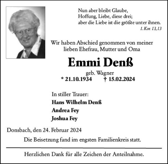 Traueranzeige von Emmi Denß von Dill Block