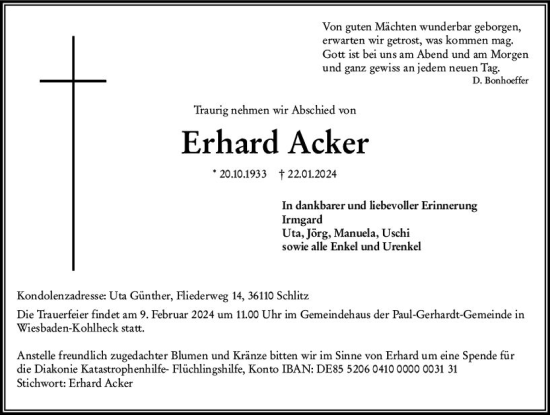 Traueranzeige von Erhard Acker von Wiesbadener Kurier