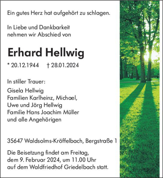 Traueranzeige von Erhard Hellwig von Wetzlarer Neue Zeitung