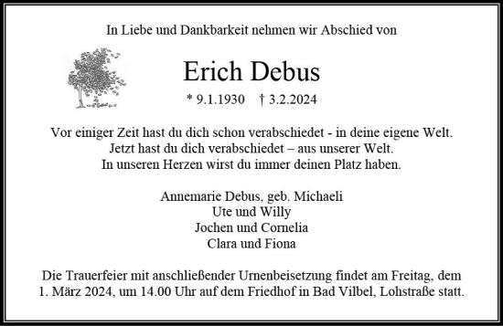 Traueranzeige von Erich Debus von Wetzlarer Neue Zeitung