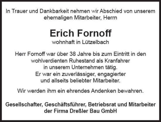 Traueranzeige von Erich Fornoff von Odenwälder Echo