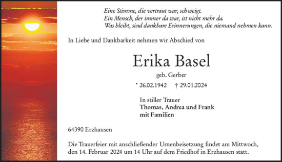 Traueranzeige von Erika Basel von Darmstädter Echo