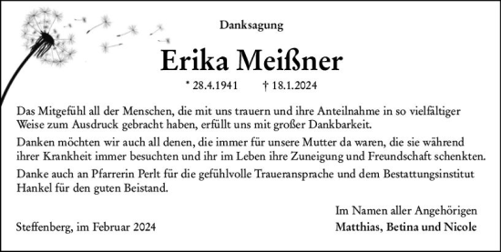 Traueranzeige von Erika Meißner von Hinterländer Anzeiger