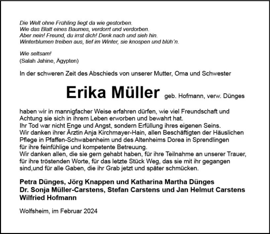 Traueranzeige von Erika Müller von Allgemeine Zeitung Bingen/Ingelheim