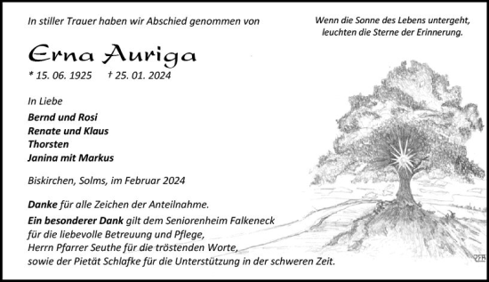 Traueranzeige von Erna Auriga von Wetzlarer Neue Zeitung