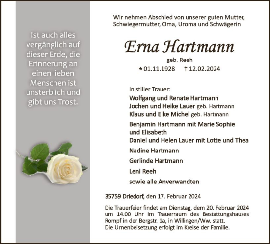 Traueranzeige von Erna Hartmann von Dill Block