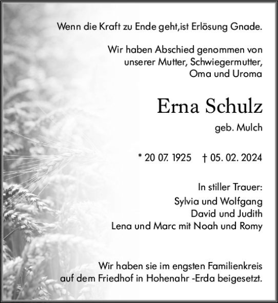 Traueranzeige von Erna Schulz von Wetzlarer Neue Zeitung