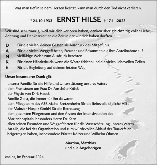 Traueranzeige von Ernst Hilse von Allgemeine Zeitung Mainz