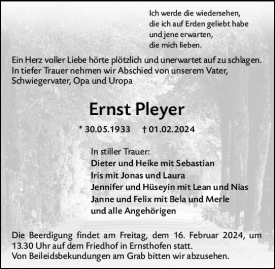 Traueranzeige von Ernst Pleyer von Darmstädter Echo