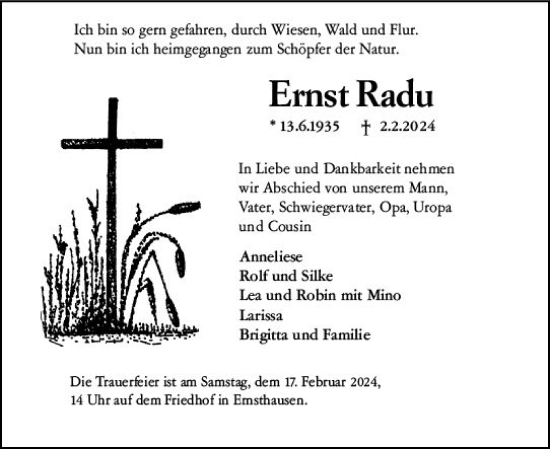 Traueranzeige von Ernst Radu von Weilburger Tageblatt