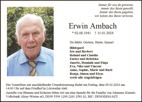 Traueranzeige von Erwin Ambach von Allgemeine Zeitung Mainz