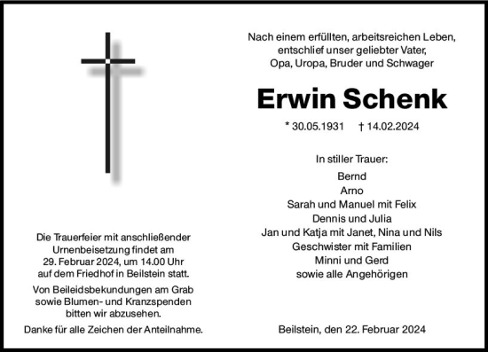 Traueranzeige von Erwin Schenk von Dill Block