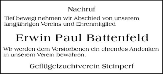 Traueranzeige von Erwin Paul Battenfeld von Hinterländer Anzeiger