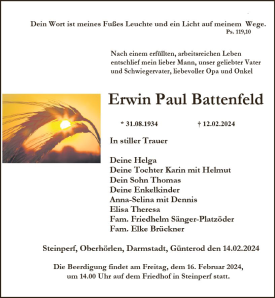 Traueranzeige von Erwin Paul Battenfeld von Hinterländer Anzeiger