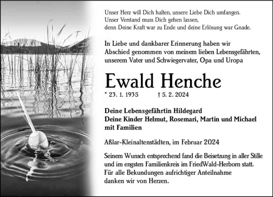 Traueranzeige von Ewald Henche von Wetzlarer Neue Zeitung