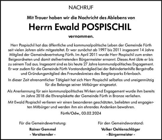 Traueranzeige von Ewald Pospischil von Starkenburger Echo