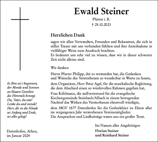 Traueranzeige von Ewald Steiner von Wetzlarer Neue Zeitung