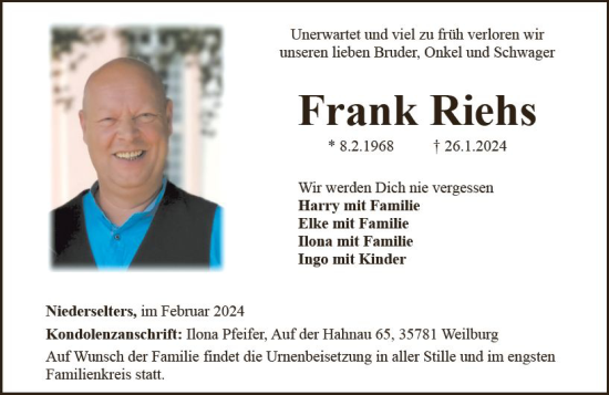 Traueranzeige von Frank Riehs von Camberger Anzeiger