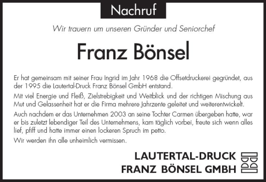 Traueranzeige von Franz Bönsel von Darmstädter Echo