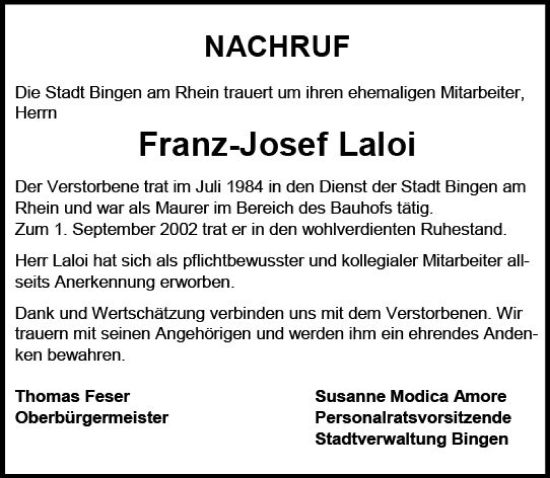 Traueranzeige von Franz-Josef Laloi von Allgemeine Zeitung Bingen/Ingelheim