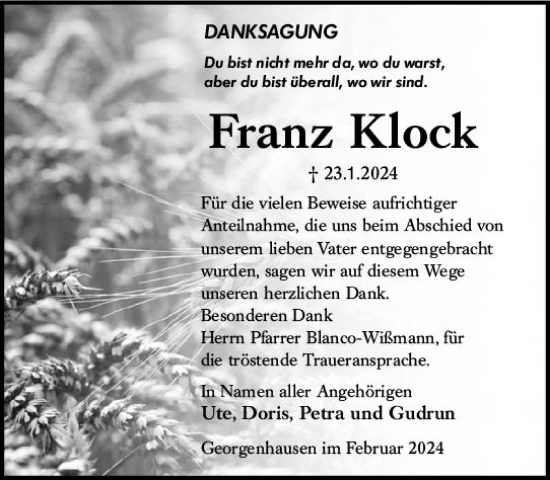 Traueranzeige von Franz Klock von Darmstädter Echo