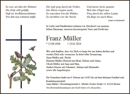 Traueranzeige von Franz Müller von Idsteiner Land/Untertaunus