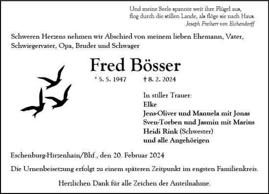 Traueranzeige von Fred Bösser von Hinterländer Anzeiger