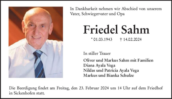 Traueranzeige von Friedel Sahm von Darmstädter Echo