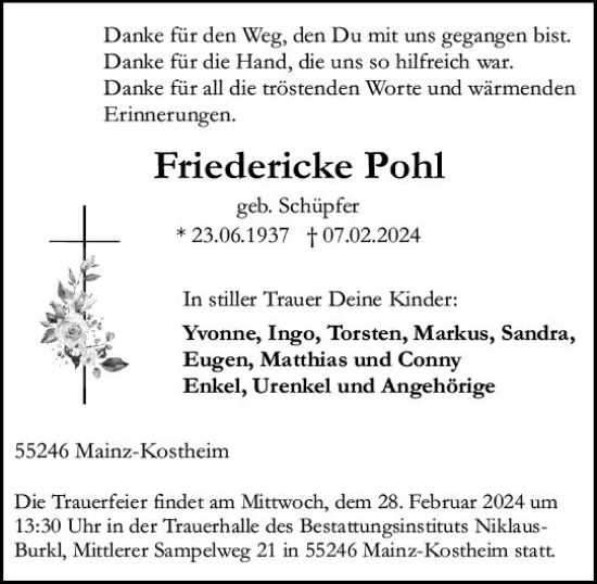 Traueranzeige von Friedericke Pohl von Allgemeine Zeitung Mainz
