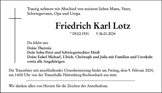 Traueranzeige von Friedrich Karl Lotz von Wetzlarer Neue Zeitung