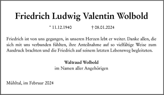 Traueranzeige von Friedrich Ludwig Valentin Wolbold von Darmstädter Echo