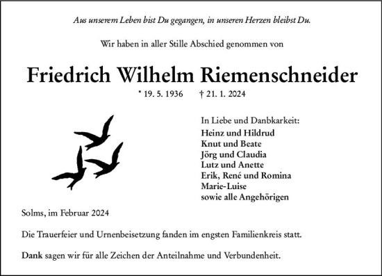 Traueranzeige von Friedrich Wilhelm Riemenschneider von Wetzlarer Neue Zeitung